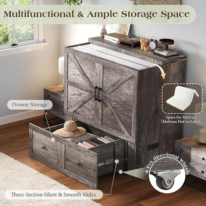 LUXOAK Twin Murphy Bed with Built-in Charging Station and Storage Drawer, Farmhouse Foldable Cabinet Bed for Guest Room, Apartment or Home Office, Rustic Grey