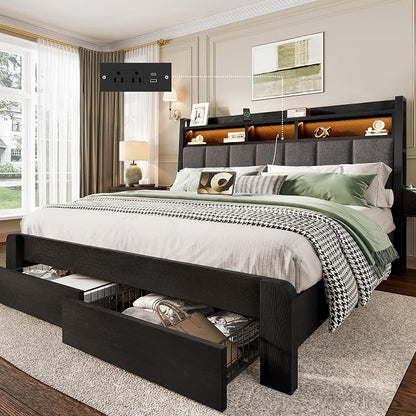 BRELTAM King Bed Frame with upholstered Headboard & Storage Drawers Metal Platform Bed Frames King Size with LED Lights Built in Charging Station,No Box Spring Needed,No Noise,Easy Assembly,Black
