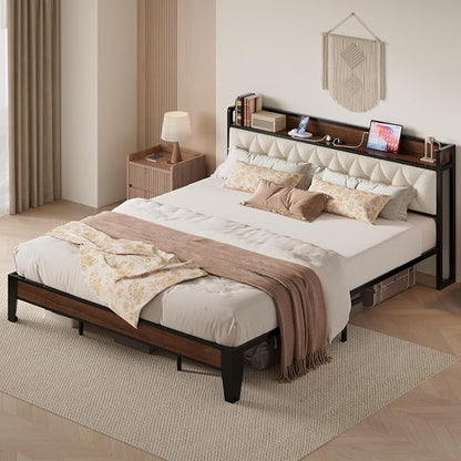 ANCTOR California King Bed Frame, Storage Headboard with Charging Station, Platform Bed Frame with Strong Metal Support, Sturdy and Stable, Noise Free, No Box Spring Needed, Easy Assembly, Walnut