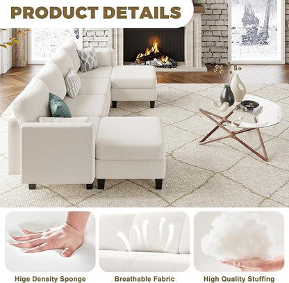Modular Sectional Sofa, 6 Seaters Modular Sleeper Sofa Couch, Comfy Sectionals Couches Bed, Convertible Sofas with Ottomans, Sectional Couches for Living Room, Beige