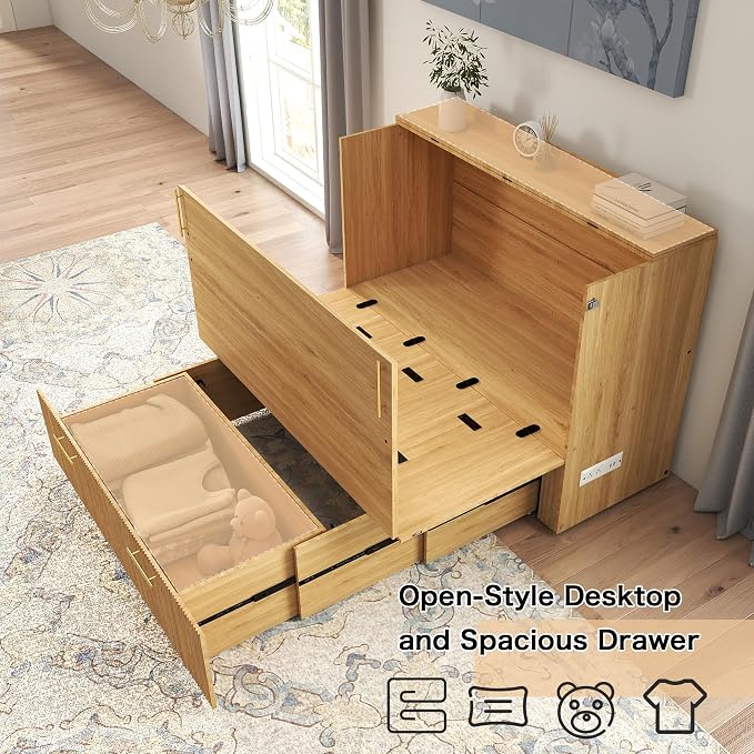 Full Size Murphy Bed Cabinet: Oak Folding Murphy Bed for Small Spaces, Wood Hidden Beds Cabinet with Charging Station, 2 in 1 Hideaway Beds Cabinets (Oak-Stripe)