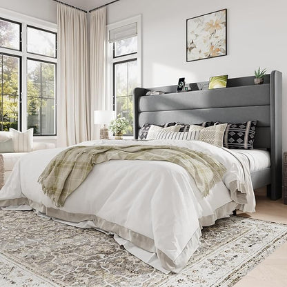 Allewie King Size Upholstered Bed Frame with Charging Station & Storage Headboard, Soft Velvet Wingback Platform Bed, Strong Wooden Slats Support, No Box Spring Needed, Easy Assembly, Light Grey