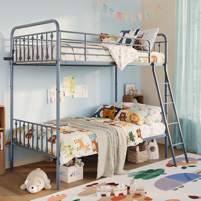 SHA CERLIN Convertible Twin Over Twin Bunk Bed, CPC Certified,Gray | Victorian Iron-Art Headboard and Footboard,Space-Saving Metal Bunk Bed with Guardrail & Ladder,No Box Spring Needed