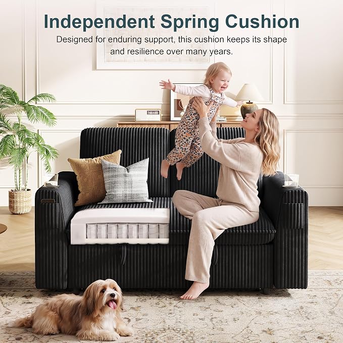 Sleeper Sofa with Pull Out Bed, Plush Corduroy Convertible Sofa Bed with Adjustable Backrest and Cup Holders, Loveseat Sleeper Couches for Living Room, Apartment, Black