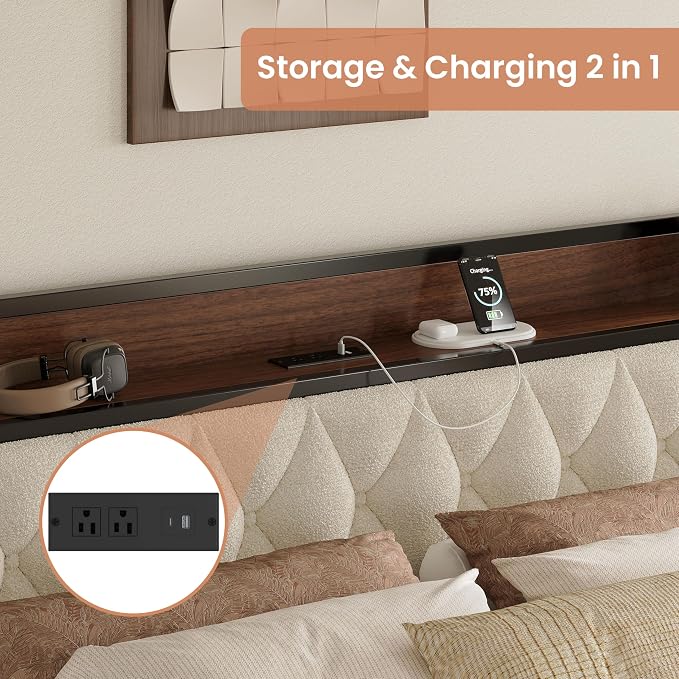 ANCTOR King Bed Frame, Storage Headboard with Charging Station, Platform Bed Frame with Strong Metal Support, Sturdy and Stable, Noise Free, No Box Spring Needed, Easy Assembly, Walnut