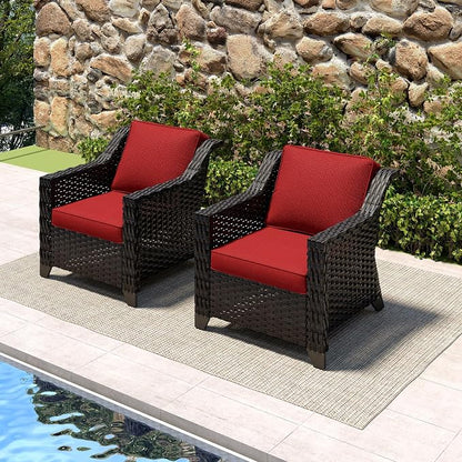 Patio 2 Pieces Wicker Chairs Set of 2，Outdoor PE Rattan Armchairs, Water-Resistant Cushions with Removable and Washable Covers, Porch, Balcony, Sunroom (Red)