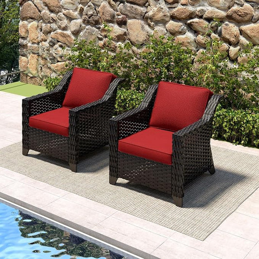 Patio 2 Pieces Wicker Chairs Set of 2，Outdoor PE Rattan Armchairs, Water-Resistant Cushions with Removable and Washable Covers, Porch, Balcony, Sunroom (Red)