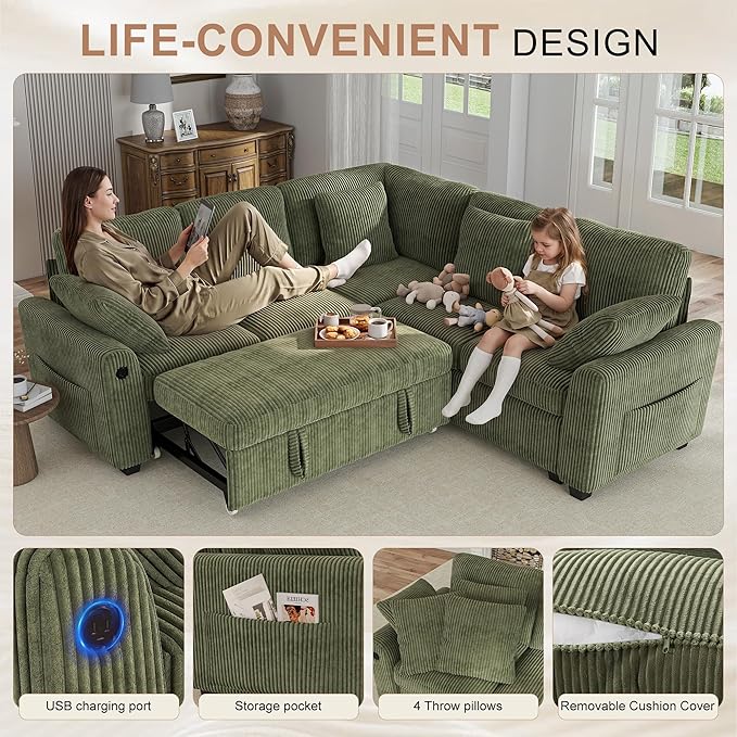 Hanherry Sectional Couch with Pull Out Sofa Bed,Corduroy Sleeper Sofa with 2 Seat Storage & USB Charging,Comfy L Shaped Modular Couches for Living Room,Apartment