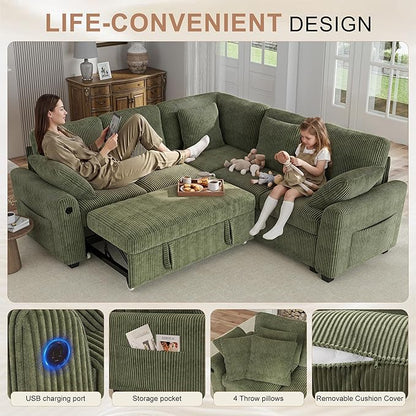 Hanherry Sectional Couch with Pull Out Sofa Bed,Corduroy Sleeper Sofa with 2 Seat Storage & USB Charging,Comfy L Shaped Modular Couches for Living Room,Apartment