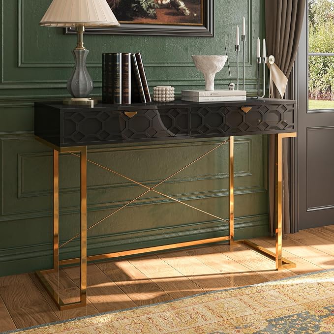 Clihome 42'' Home Office Desks, Modern Writing Desk with Drawers, Modern Simple Desk with Golden Legs and X-Shaped Bracket