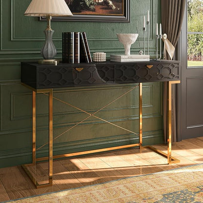 Clihome 42'' Home Office Desks, Modern Writing Desk with Drawers, Modern Simple Desk with Golden Legs and X-Shaped Bracket