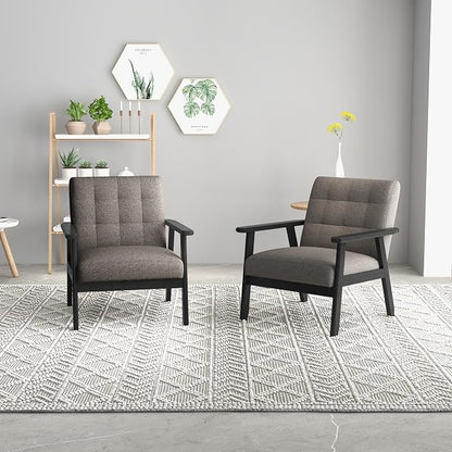 Westice Accent Chair 1PC, Mid-Century Modern Living Room Chairs with Solid Wood Frame & Soft Thicken Cushion, Upholstered Arm Reading Chair for Bedroom, Balcony, Grey Linen Fabric & Black Legs