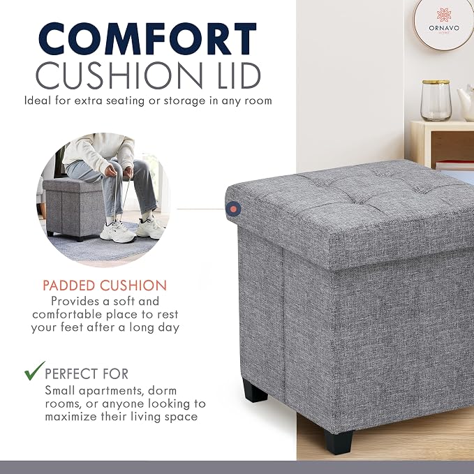Ornavo Home Storage Ottoman with Legs, Square Cube Foot Rest Stool Seat, for Living Room, Bedroom, Home Office, Dorm - 15 x 15 x 15, Gray