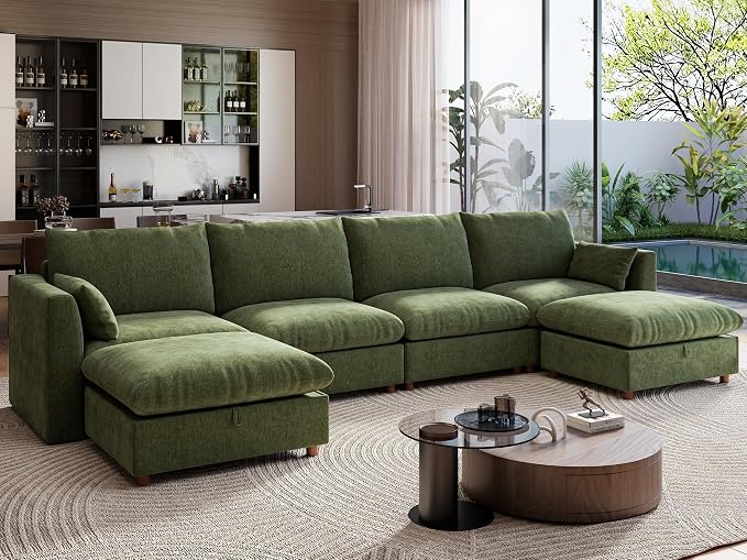Ihanherry 152" Oversized Modular Sectional Sofa, Modern U Shaped Cloud Couch with 2 Storage Ottoman, 6-Seat Comfy Chenille Deep Seat Sofa with 2 Pillows for Living Room, Green