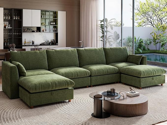 Ihanherry 152" Oversized Modular Sectional Sofa, Modern U Shaped Cloud Couch with 2 Storage Ottoman, 6-Seat Comfy Chenille Deep Seat Sofa with 2 Pillows for Living Room, Green