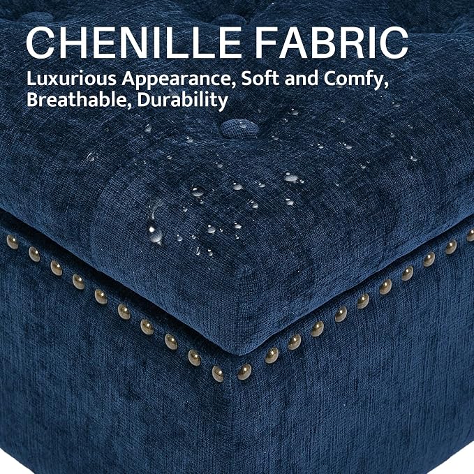 Large Square Storage Ottoman Uphlostered Tufted Button Coffee Table, Oversized Footrest Bench with Castered Rolling Wheels for Living Room, Dark Blue Chenille Waterproof
