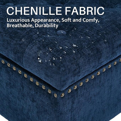 Large Square Storage Ottoman Uphlostered Tufted Button Coffee Table, Oversized Footrest Bench with Castered Rolling Wheels for Living Room, Dark Blue Chenille Waterproof