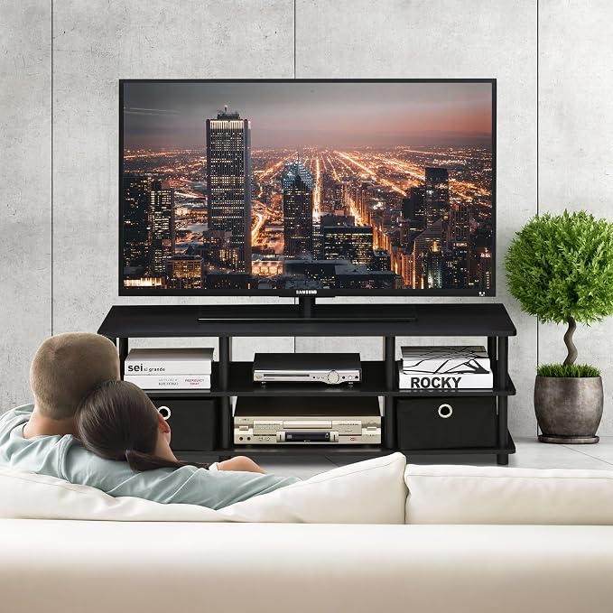 Furinno ECON TV Stand, 3-Tier Open Shelf Entertainment Center, TV Console with Storage Bins, Open Frame for Cable Management, Toolless Assembly, for Living Room, Bedroom, Espresso