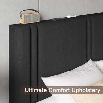 Einhomn Upholstered Full Size Bed Frame with Linen Fabric Headboard, Strong Wooden Slats Support, Noise Free, No Box Spring Needed, Black