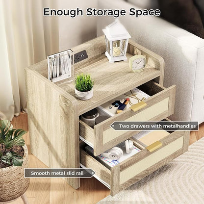 Luoxiao Nightstand Set of 2 with Charging Station - 4 Outlets & 4 USB Ports, Rattan Drawers Side Table, Boho Wood Bedside Tables End Table for Bedroom, Small Space, Easy Assembly (15.4"x23.6"x21.5")