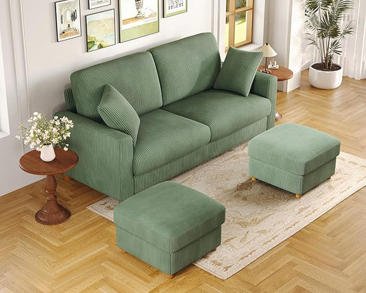 Kidirect 70in U Shaped Couch, Modular Sofa No Tool Assembly, Comfy Sectional Couches for Living Room 21in Deeper Seats, Corduroy Sofas for Living Room with 2 Pillows, Loveseat Sofa Set, Green Couch