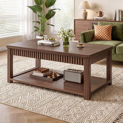 Homkdom Modern Coffee Table, 2-Tier Storage Shelf, Walnut | Wave-Edge, Kids Friendly Rounded Corners