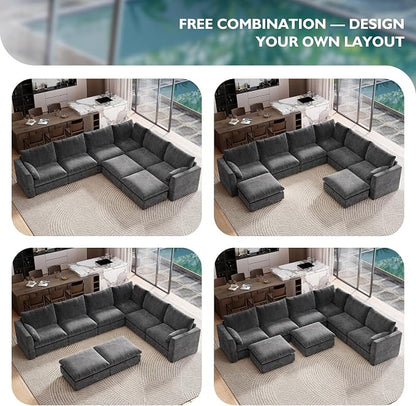 Ihanherry 146" Oversized Modular Sectional Sofa, Modern V Shaped Cloud Couch with 2 Storage Ottoman, 8-Seat Comfy Chenille Deep Seat Sofa with 2 Pillows for Living Room, Grey