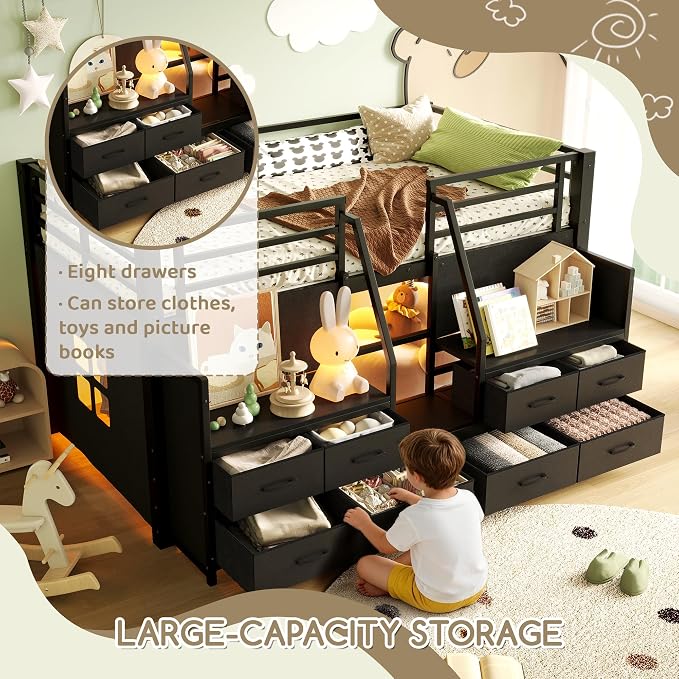 Bellemave Twin Size Low Loft Bed with 8 Fabric Storage Drawers,Metal Loft Bed Frame with Shelves and LED Lights for Boys Girls,Kids Loft Bed Twin Size,Black