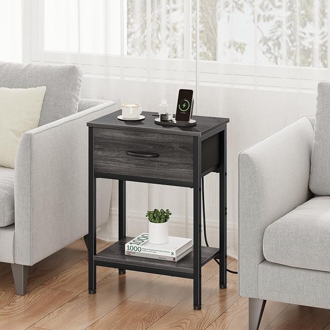 Vagusicc Nightstand with Charging Station, End Table with Fabric Drawer, Small Side Table with 2-Tier Storage Shelves, 25.4" Tall Night Stand, Bedside Table for Bedroom, Living Room, Dorm, Black Oak