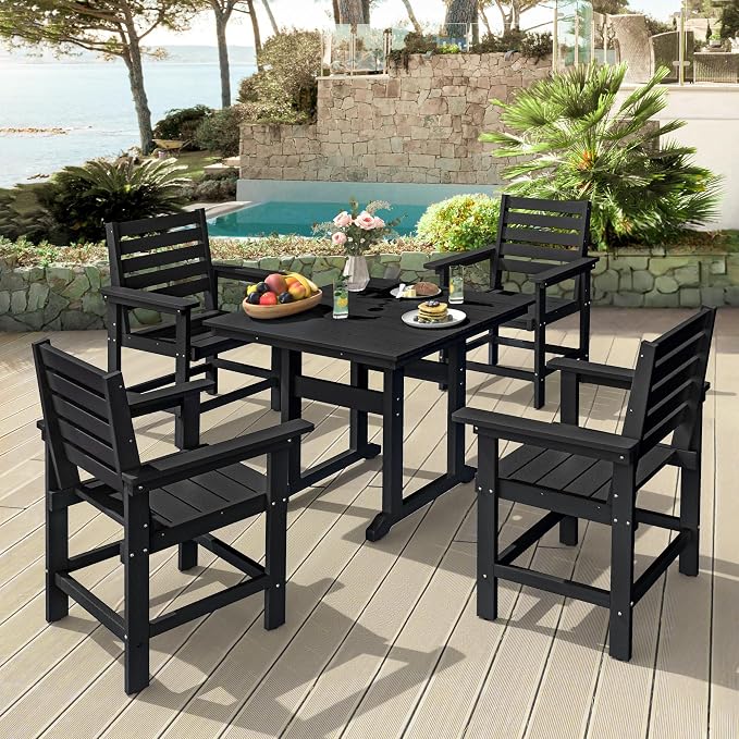 Patio Dining Chairs Set of 2, HDPE Weather Resistant Outdoor Chairs with Armrest, Heavy Duty 300LBS Support Patio Chairs for Backyard Deck Porch Balcony, Black