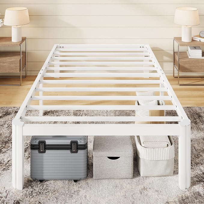 Allewie Metal Twin Bed Frame, 14 Inch 3500LBS Heavy Duty Platform Bed with Rounded Corner & Under Bed Storage, No Box Spring Needed, Noise Free, Easy Assembly, White