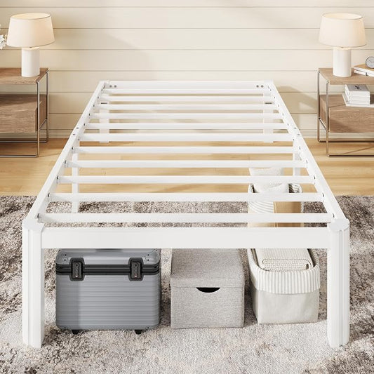 Allewie Metal Twin Bed Frame, 14 Inch 3500LBS Heavy Duty Platform Bed with Rounded Corner & Under Bed Storage, No Box Spring Needed, Noise Free, Easy Assembly, White