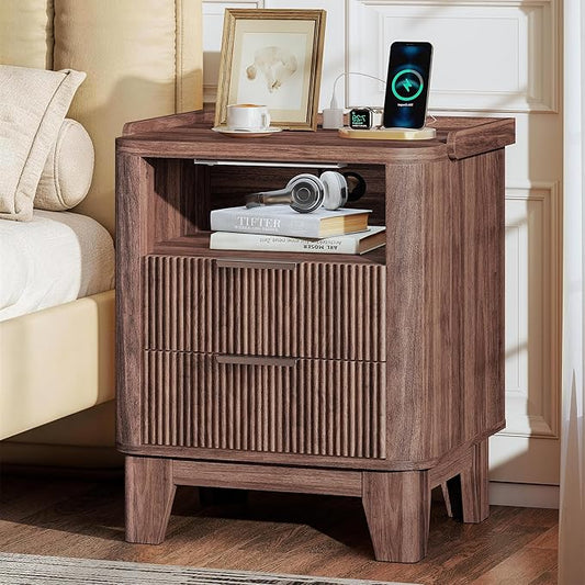 Baoz Walnut Fluted Nightstand with Charging Station & 2 Wooden Drawers | 20" Wide Mid Century Modern Bedside Table Wood Curved Profile Design 27in Tall LED Night Stand