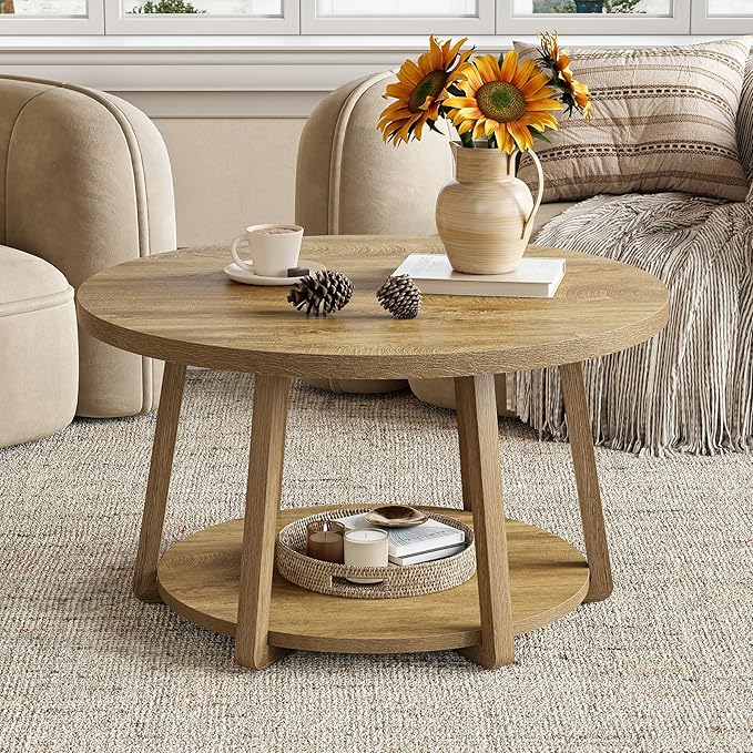 LITTLE TREE Round Coffee Table, 2-Tier Center Table with Storage, Wooden Legs, 31.5 Dia. x 19.6 H Inches, Easy Assembly, Circle Coffee Tables for Living Room, Bedroom