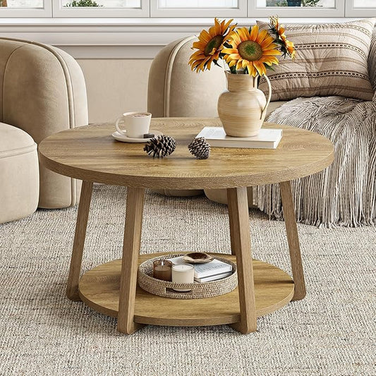 LITTLE TREE Round Coffee Table, 2-Tier Center Table with Storage, Wooden Legs, 31.5 Dia. x 19.6 H Inches, Easy Assembly, Circle Coffee Tables for Living Room, Bedroom