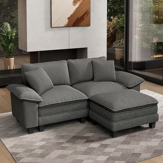 HERA'S HOUSE 88" Modular Sectional Sofa, L Shaped Couches for Living Room, Comfy Cloud Couch with Ottoman, 3-Seater Deep Seat Sofa with Throw Pillow, Corduroy Grey