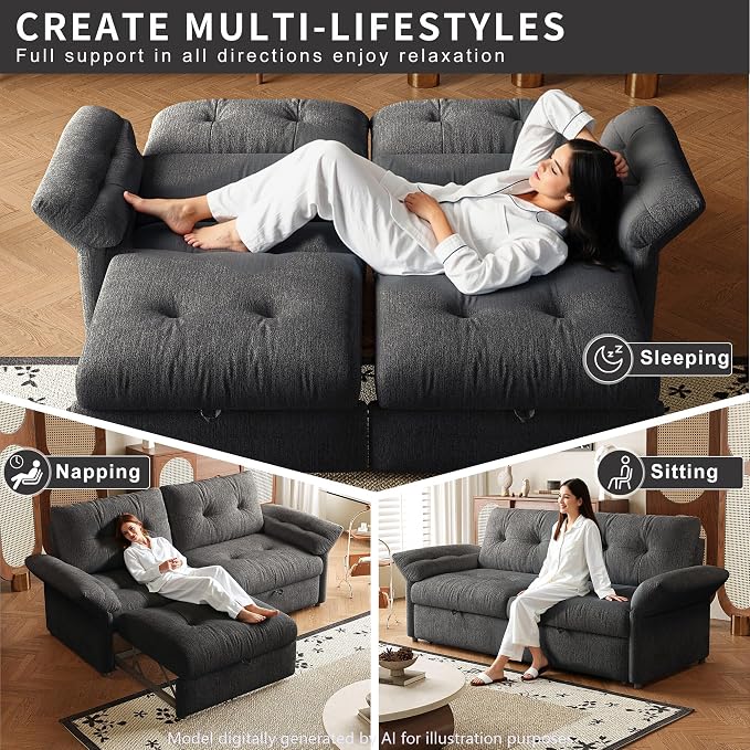 81.5'' Full Sleeper Sofa, Pre-Assembled, Chenille Pull Out Couches Bed, 3-in-1 Convertible Sofa, Adjustable Backrest, Small Loveseat for Small Space, Living Room, Apartment, Chenille Grey