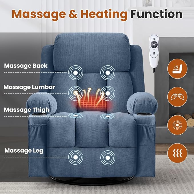 MAHOMICO Swivel Rocker Recliner Chair with Vibration Massage and Heat for Living Room,with Rocking Function and Side Pocket, USB Charge Port,2 Cup Holders