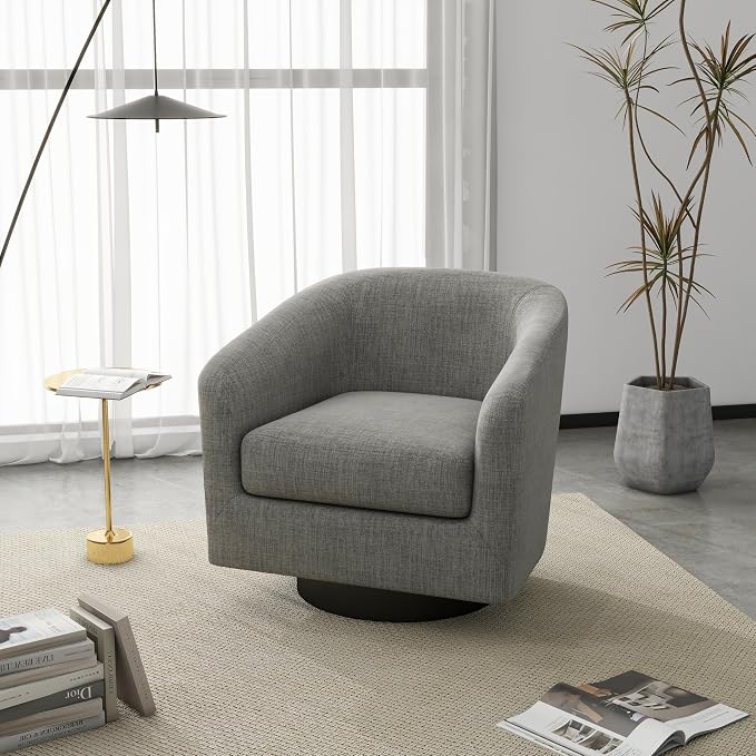 360° Swivel Accent Chair, Fabric Barrel Club Chair Upholstered Armchair for Living Room, Round Arm Chair Bedroom Single Sofa Reading Seat - Flax Gray