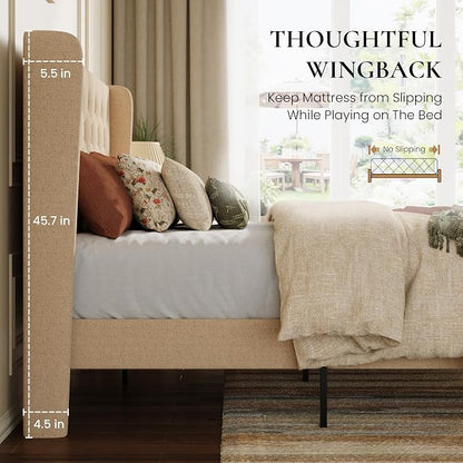 SHA CERLIN Queen Size Platform Bed Frame with Upholstered Headboard and Wingback, Button Tufted Design, Easy Assembly, No Box Spring Needed, Beige
