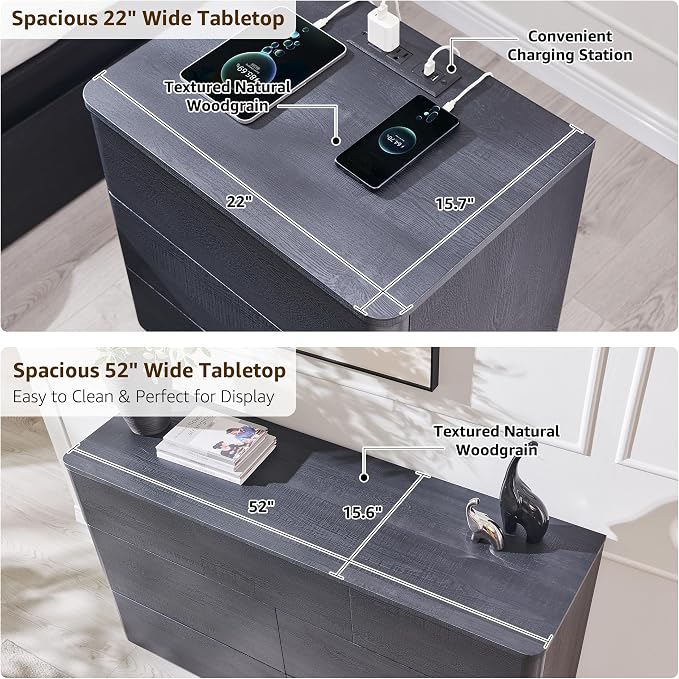 ACCOHOHO 3 Piece Bedroom Furniture Set, 7 Drawer Dresser (52" W) & Two 22" Nightstands, Modern Push-to-Open Drawers, Curved Profile, Dresser and Nightstand Sets for Bedroom, Black