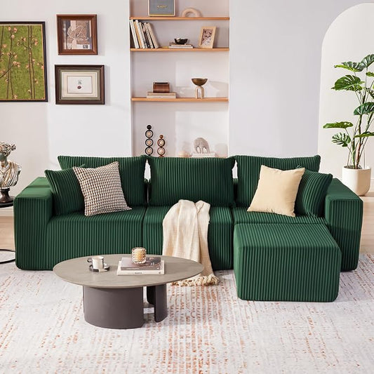 Weture 107.4" Cloud Couch Sectional, Modular Sofa with Deep Seat, Plush Corduroy L Shaped Boneless Couch, Convertible Sectional Couches for Living Room, 4Seat, Green