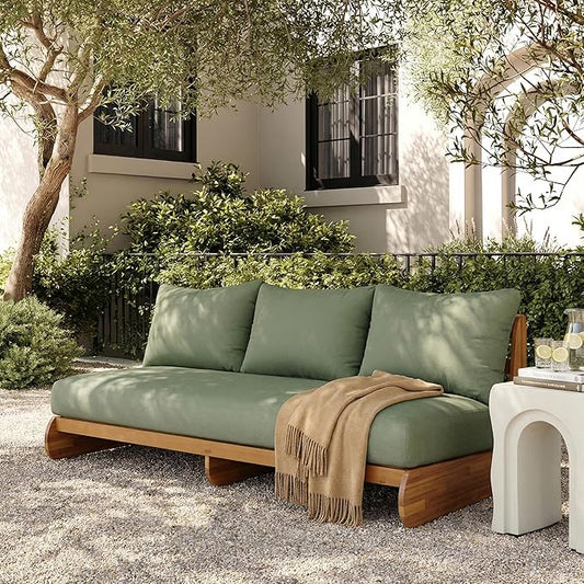 Merax Outdoor Acacia Wood Sofa with All-Weather Cushions, Patio Low 3-Seater Lounge Sofa for Porch, Lawn, Backyard, Balcony, Green+Teak