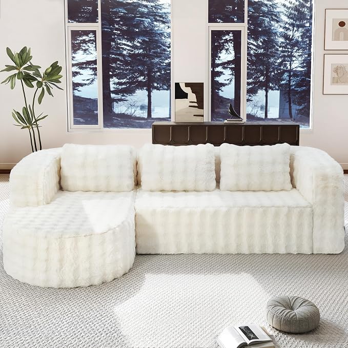 Hobestluk Modular Sectional Sofa Couches L-Shape Couch 3 Seat Modular Sofa Memory Foam Sectional Couches for Living Room, Cloud Couch (Round Eider White, 96", Left Hand Facing)