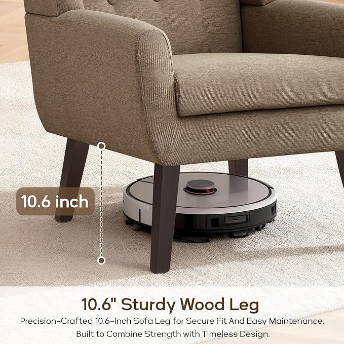 HUIMO Accent Chairs for Living Room,Linen Button-Tufted Upholstered Armchair with Wooden Legs,Comfy Mid Century Modern Chair for Bedroom Apartment Waiting Room Brown