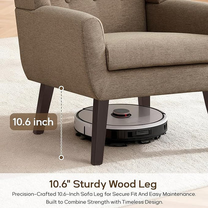 HUIMO Accent Chairs for Living Room,Linen Button-Tufted Upholstered Armchair with Wooden Legs,Comfy Mid Century Modern Chair for Bedroom Apartment Waiting Room Brown