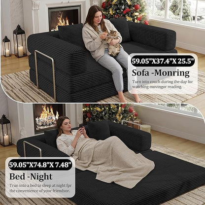 BSHOMGI 59 Inch Convertible Sofa Bed, 4-in-1 Futon Sofa Bed Pull Out Sleeper Couch, Modular Couches Bed for Living Room, Corduroy Boneless Loveseat for Bedroom, Apartment, No Assembly, Black, 2 Seat