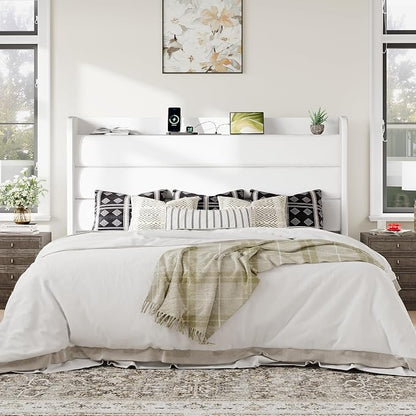 Allewie King Size Upholstered Bed Frame with Charging Station & Storage Headboard, Soft Velvet Wingback Platform Bed, Strong Wooden Slats Support, No Box Spring Needed, Easy Assembly, White
