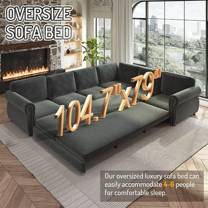118" L-Shaped Sleeper Couch Bed - Oversize Convertible with Pull-Out Sofa Bed, Button Tufted Chesterfield Sofa, Chenille Sectional Vintage Couches for Living Room/Apartment(6-Seater, Dark Grey)