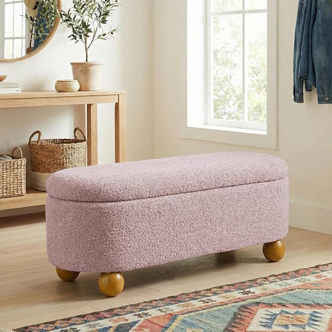 VKNOW 44.8" Storage Ottoman Bench End of Bed Bench, Thickened Upholstered Blanket Chest for Living Room, Entryway Bench with Cute Spherical Solid Wood Stool Legs for Bedroom, Pink
